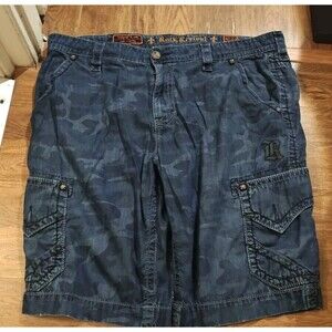 Rock Revival Mens 42x13 Blue Camo Cargo Shorts Flap Pockets Thick Stitch Grunge